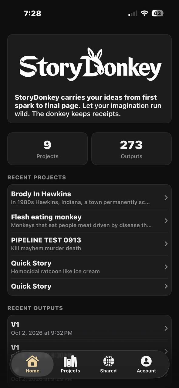 StoryDonkey projects screen showing story projects